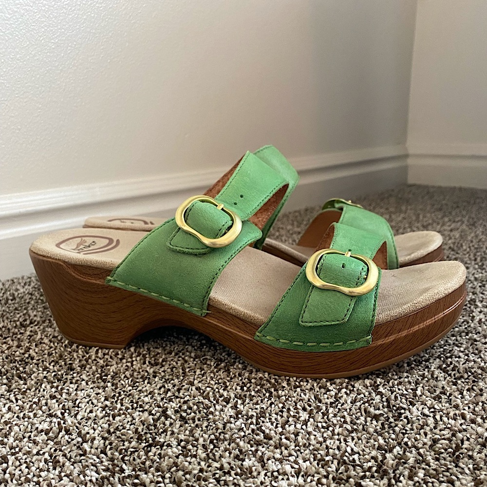 Dansko Green and Gold Wedge Sandals